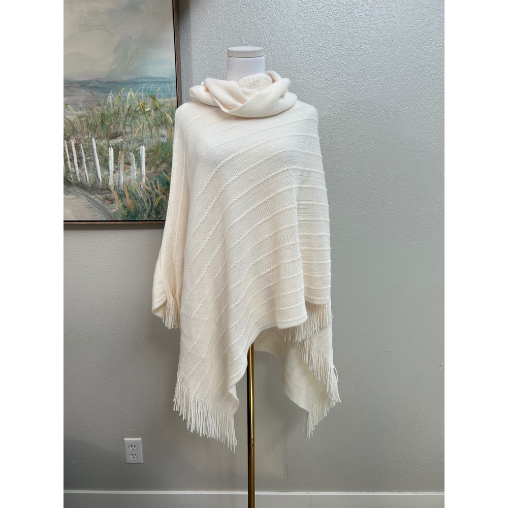 BCBGMAXAZRIA Cream Knit Cowl Neck Fringe Poncho Wrap Ivory L/XL
